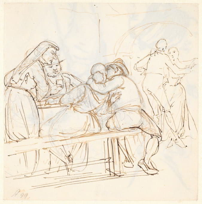 Wilhelm Marstrand - Osteriscene, i forgrunden kysser et siddende par hinanden