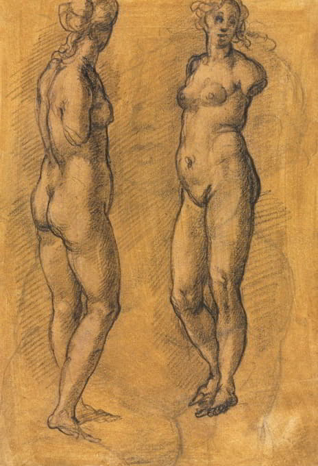 一个站着的女人的仿古雕像的复制品（两个视图），在一个推杆的草图上