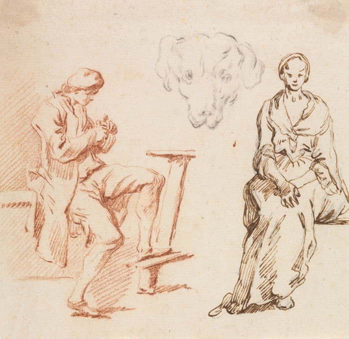Claude-Joseph Vernet - Sheet of Studies: Seated Man, Head  of a Dog, Seated Woman