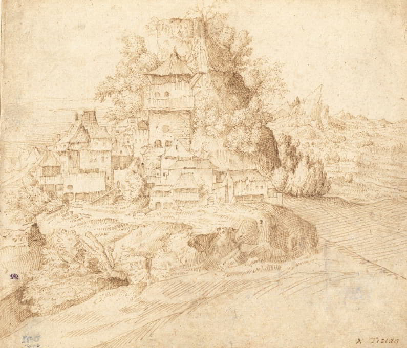 Circle of Giorgione (Giulio Campagnola) - A Village Nestled at the Foot of a Hill (recto)