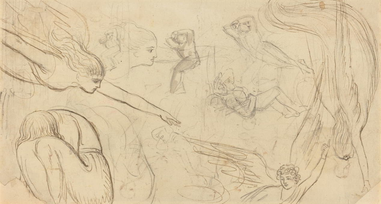 Thomas Stothard - Sheet of Studies with Angels and Cowering Figures (Illustration for Macklin’s Bible)