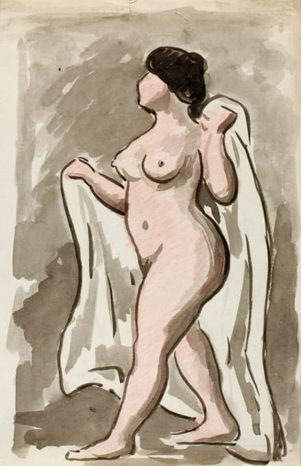 带窗帘的裸体站立女性