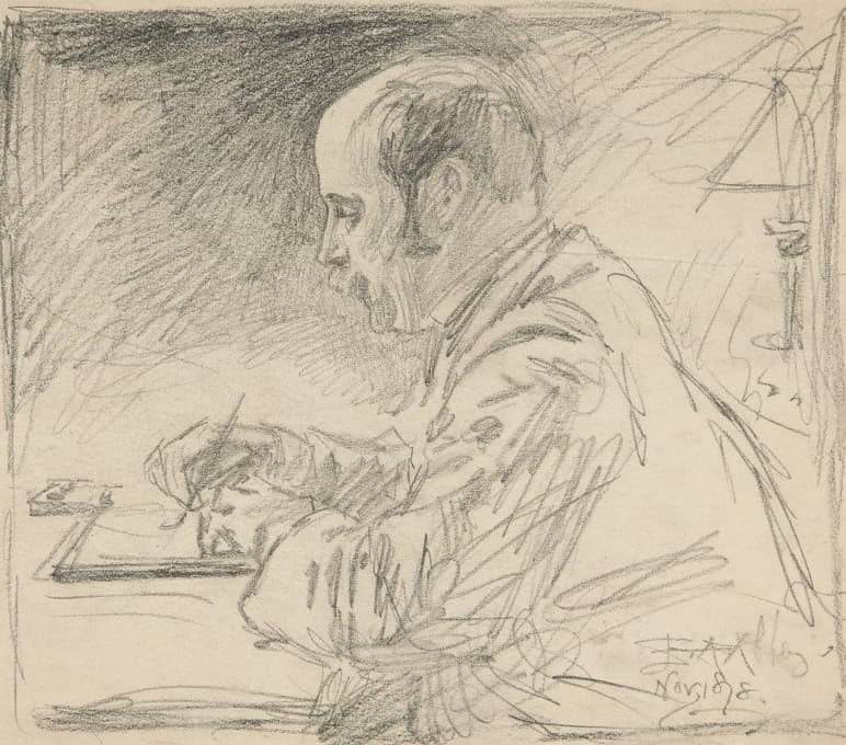 一个男人的肖像，左侧面，在桌子上写字