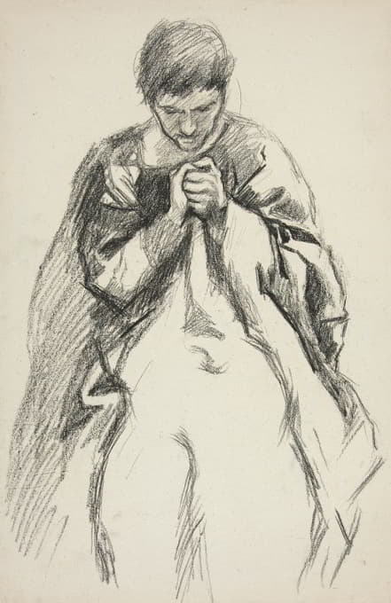 穿着长袍的人，祈祷；波士顿公共图书馆《寻找圣杯》壁画系列之习作
