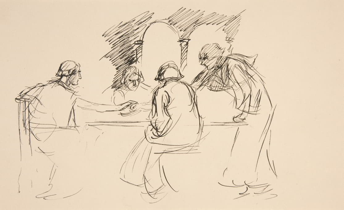 四个穿着中世纪服装的男人在餐桌上的素描——未经确认的插图，可能是因为“爱的劳动失去了”，国王的困惑。