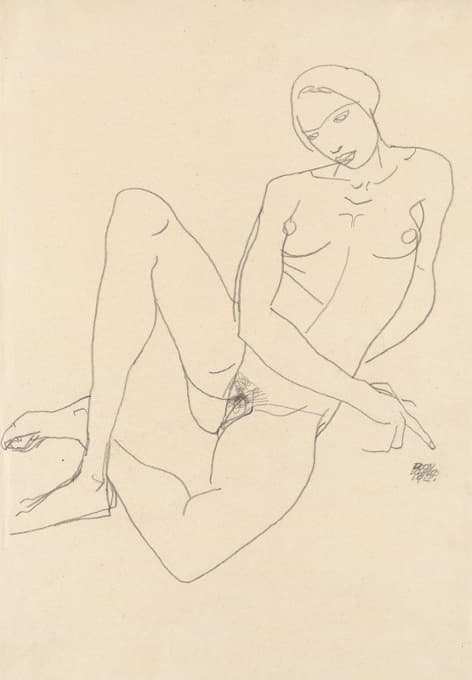 女性裸体坐姿，双腿交叉
