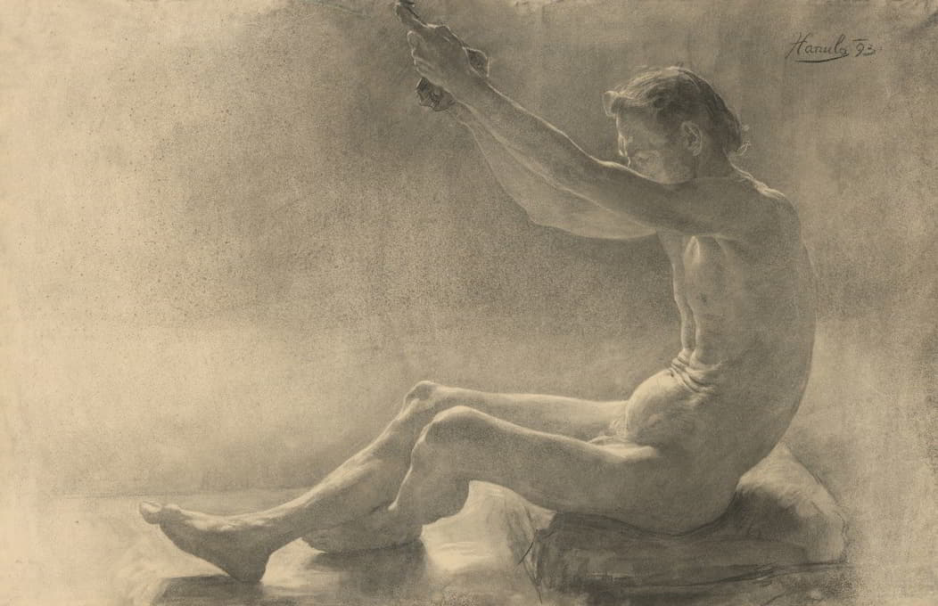 一个举起手臂坐着的裸体男性的习作