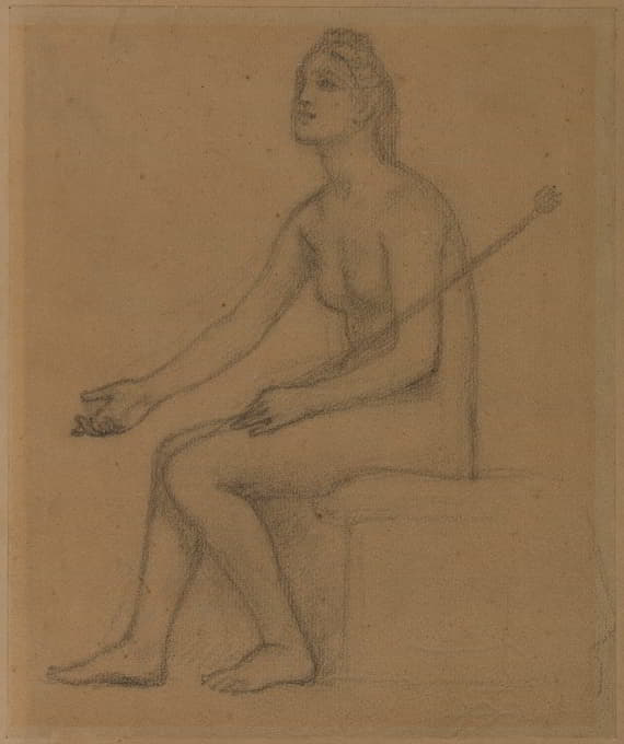 裸体女性坐着，侧面向左