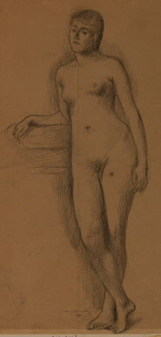 裸体女性站立，正面，肘部和右前臂支撑