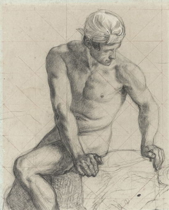 裸体男人坐着，戴着头巾