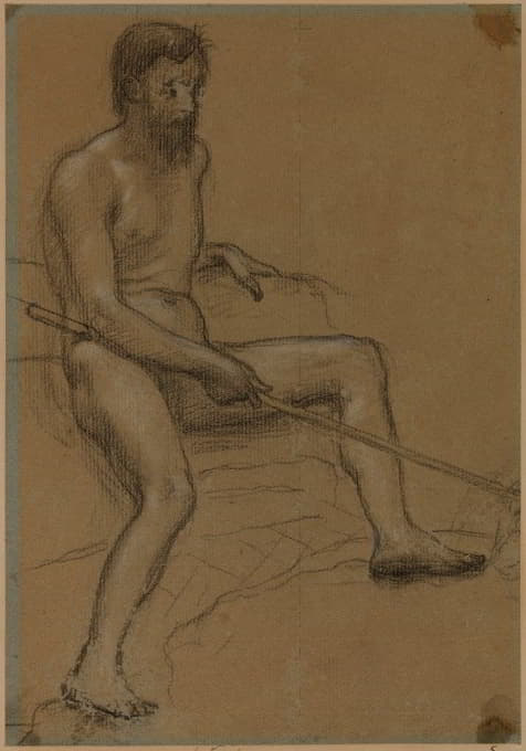 赤身裸体的男人坐着，右手拿着一根棍子。