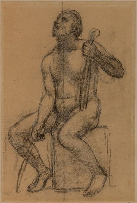 赤身裸体的男人坐着，手里拿着小提琴和弓箭手