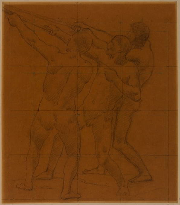 三个赤身裸体的男人站着，拉着绳子。