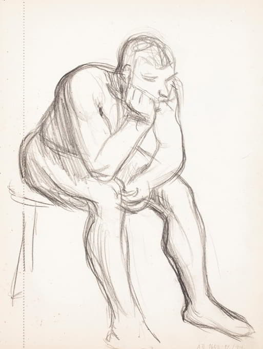 裸体男人坐着思考，素描