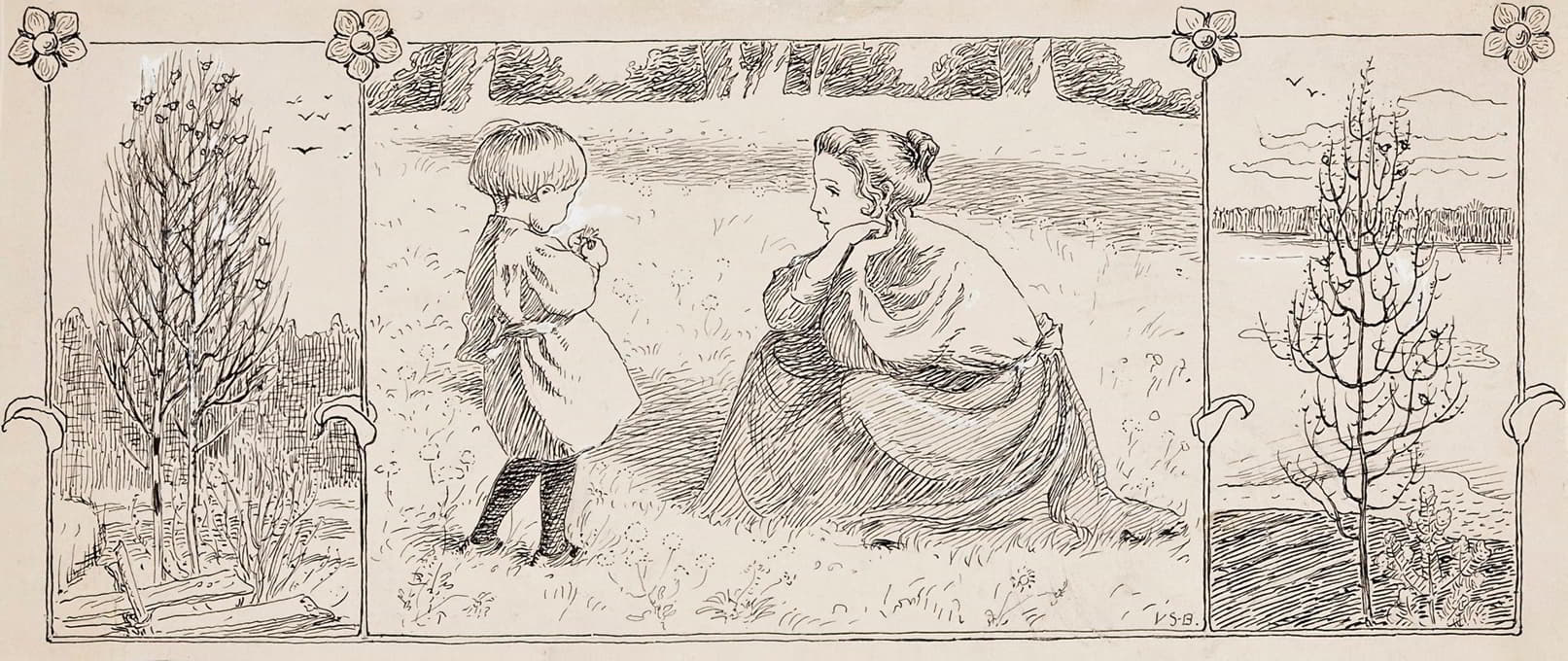 母亲和小孩在草地上，挨着木头