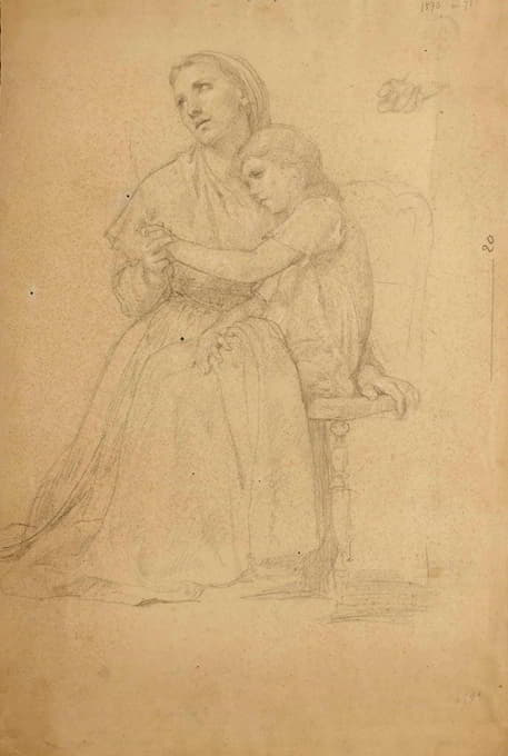 William-Adolphe Bouguereau - Mère et enfant priant et étude subsidiaire de main et d’un enfant assis