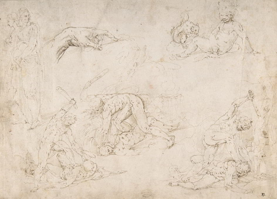 人物研究；三幅该隐杀害亚伯的草图，中间有一座祭坛，两个站着的女人，一只手，一个坐着的孩子和一只松鼠
