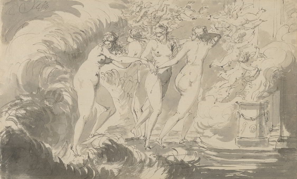 四个裸体女人被Putti包围，走近祭坛
