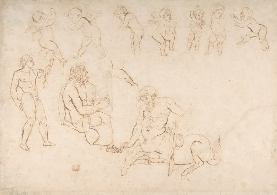 站着的裸体运动员；坐着的拿着竖琴的人；半人马；和七把推杆（三只带翅膀）
