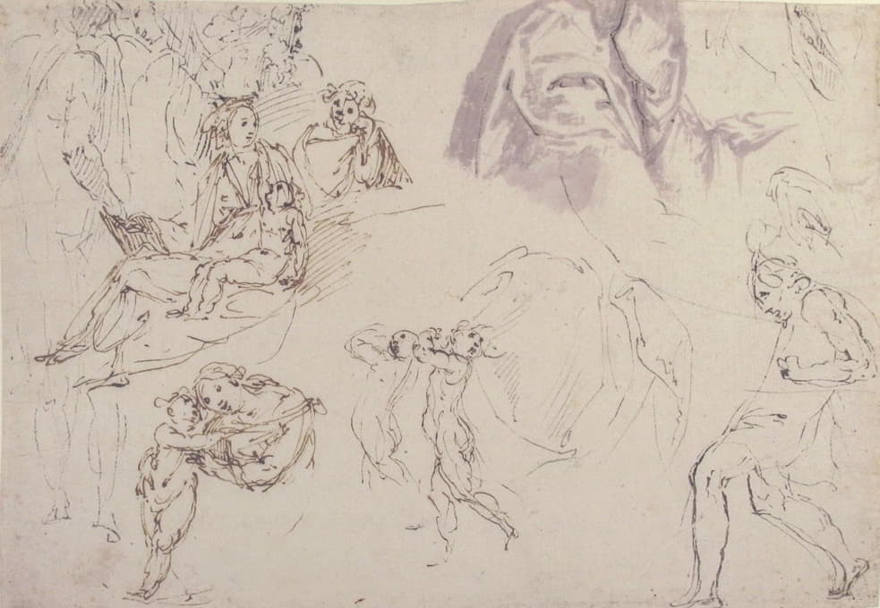 Francesco Curia - Figure Studies; The Holy Family, a Running or Dancing Child, Drapery Studies