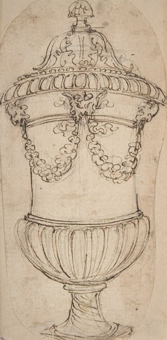 一个有盖的盖得鲁尼花瓶的设计，上面有一个装有花环的萨特头像