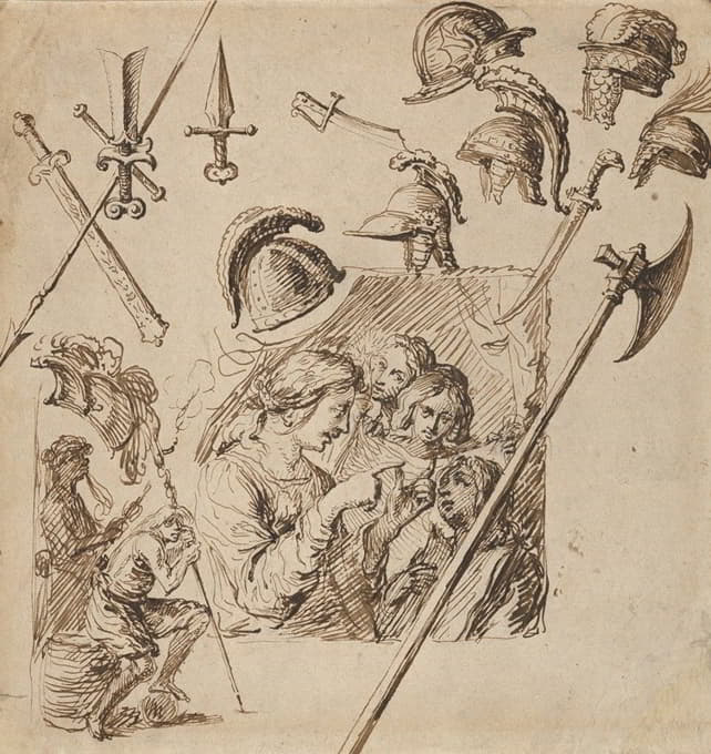 Jacob de Gheyn II - Sheet with Two Figural Compositions and Studies of Helmets and Arms ca.