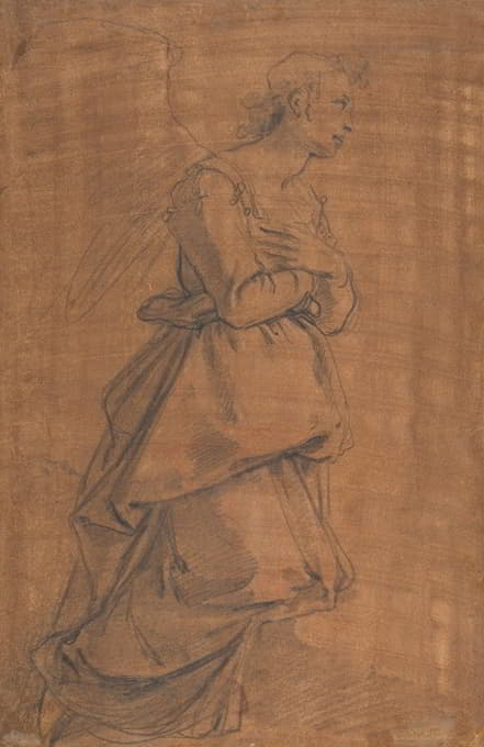 Jacopo da Empoli - The Archangel Gabriel Kneeling to the Right; Small Study of Head at Lower Left