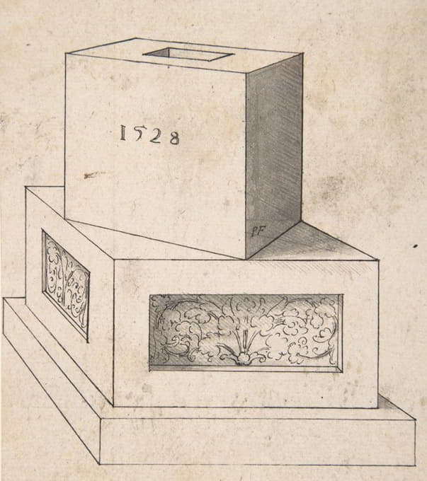 Peter Flötner - Perspectival Drawing of a Column Base with Cube