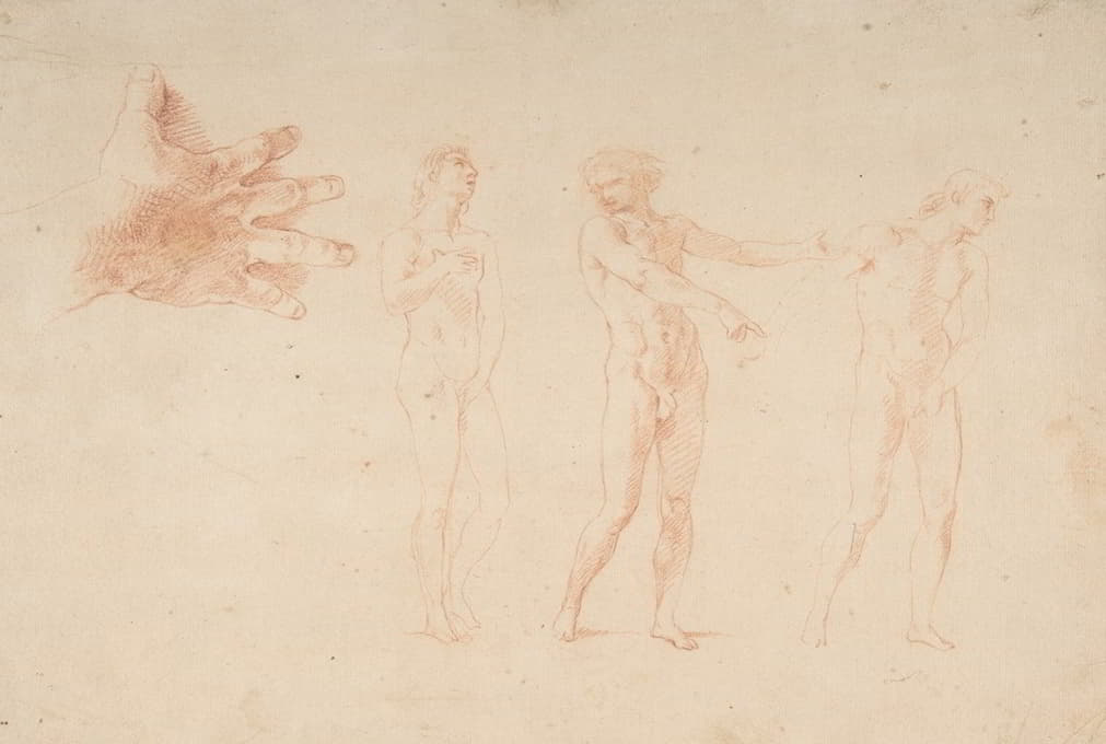 三个裸体的男性人物；左边人物右手的习作