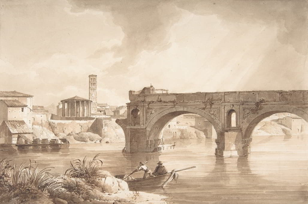 Achille Etna Michallon - A View of the Tiber from the North Bank, with the Temple of Vesta, the Campanile of S. Maria in Cosmedin and the Ponte Rotto
