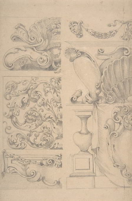 After Agostino Mitelli - Design for Cartouches Decorated with Sea-Shells, Garlands, Foliage, Volutes and Urns