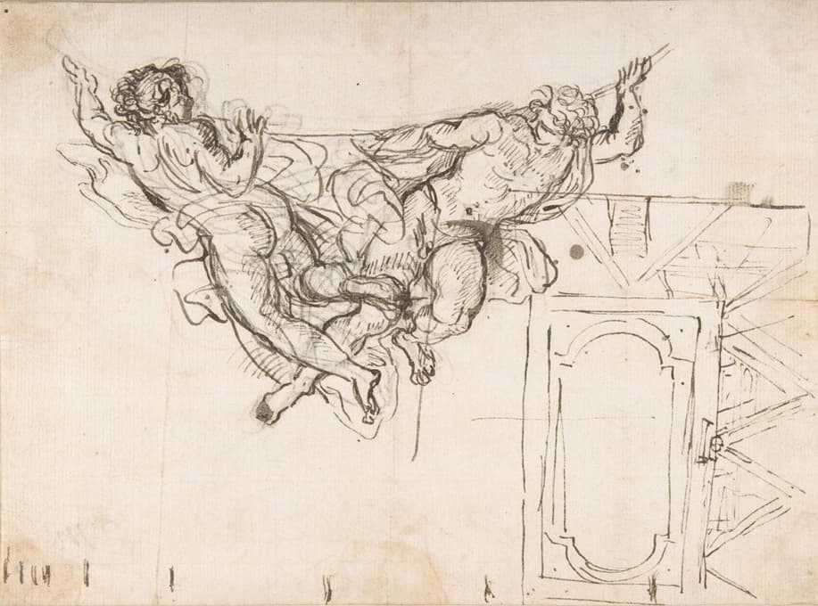 罗马阿尔蒂耶里宫（Palazzo Altieri）顶棚装饰设计中的裸体男性人像支撑架及平面图研究