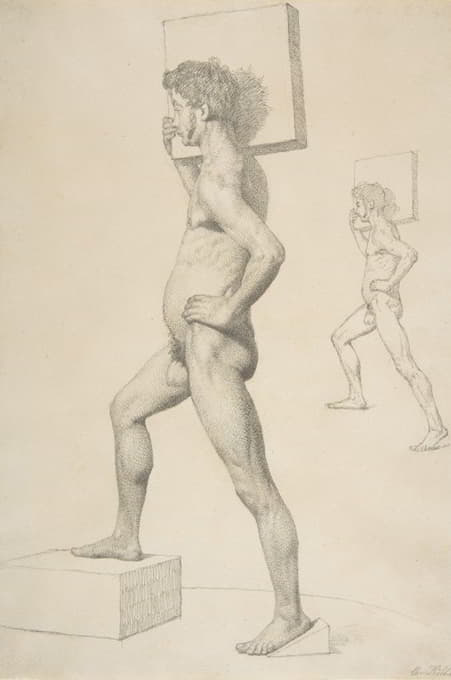 Christen Købke - Study of a Male Nude Shouldering a Wooden Block