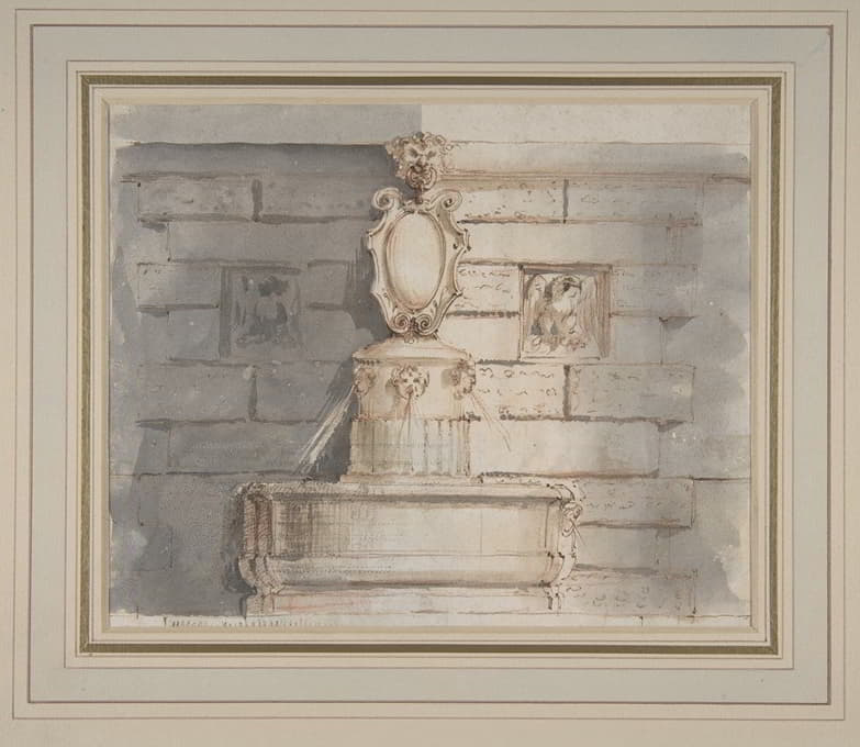 Flaminio Innocenzo Minozzi - Design for a Fountain at a Street Corner Decorated with Putti Heads, a Coat of Arm and a Gargoyle Head on the Top