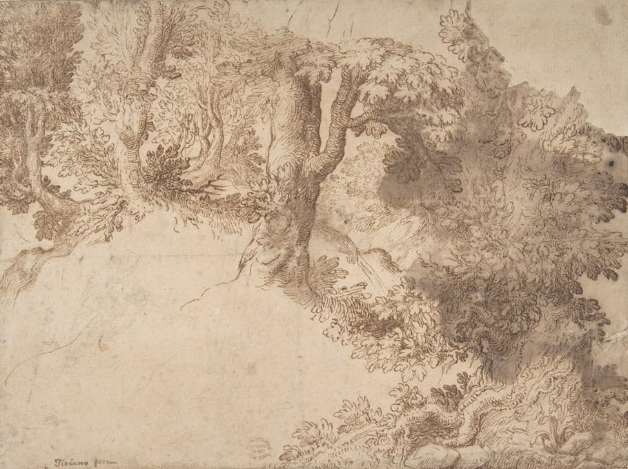 Girolamo Muziano - Woodland Scene with Light Sketch of a Madonna and Child