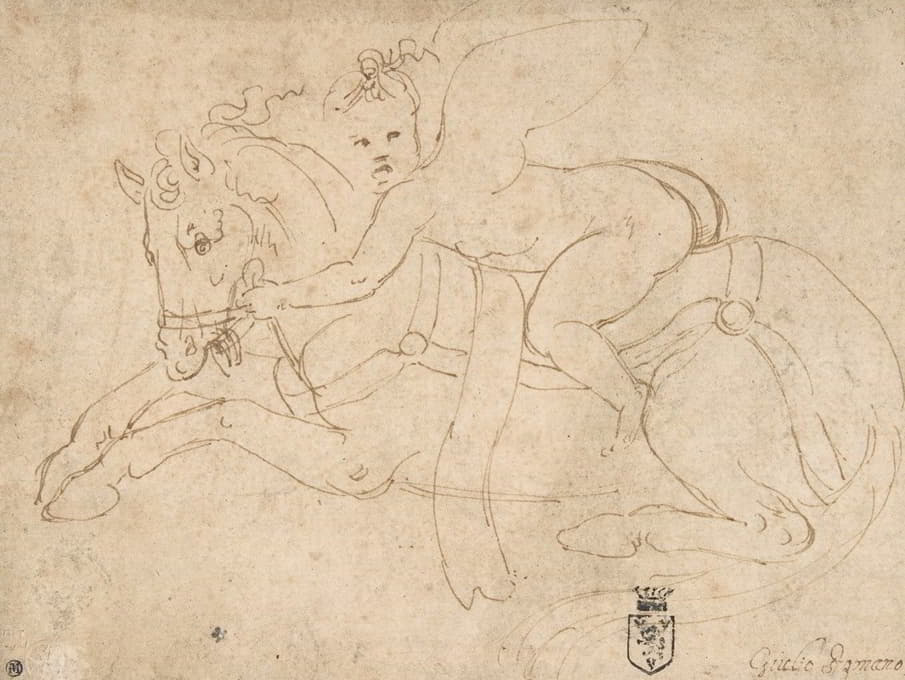 有翅膀的婴儿骑着一匹蹲着的马