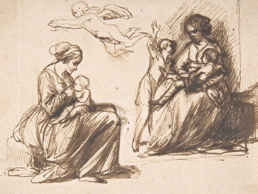 Hendrick Goudt - Study Sheet with Two Seated Children and an Angel