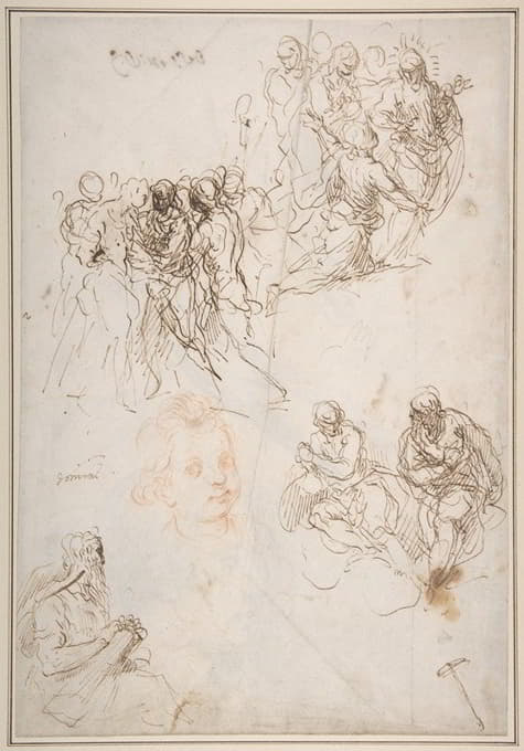 Jacopo Palma il Giovane - Figure Studies; The Arrest of Christ, Christ and the Canaanite Woman, Seated Male Figures, and Head of a Child