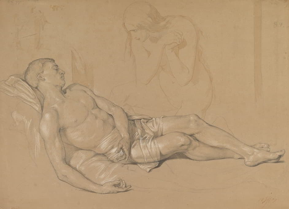 一个裸体女人跪在一个躺着的男人旁边（为玛莉抹大拉哀悼基督习作）