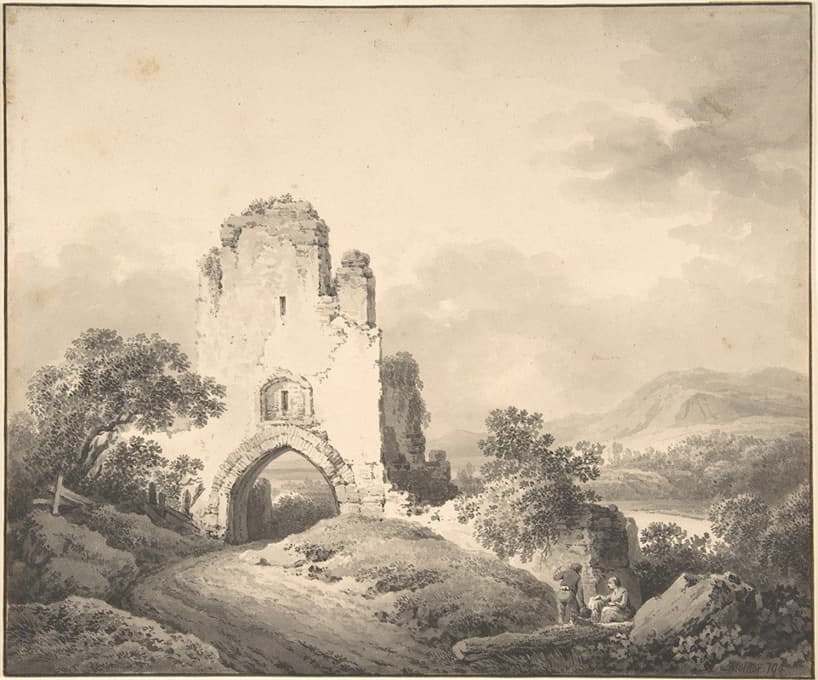 一座被毁坏的塔和两个人物的景观