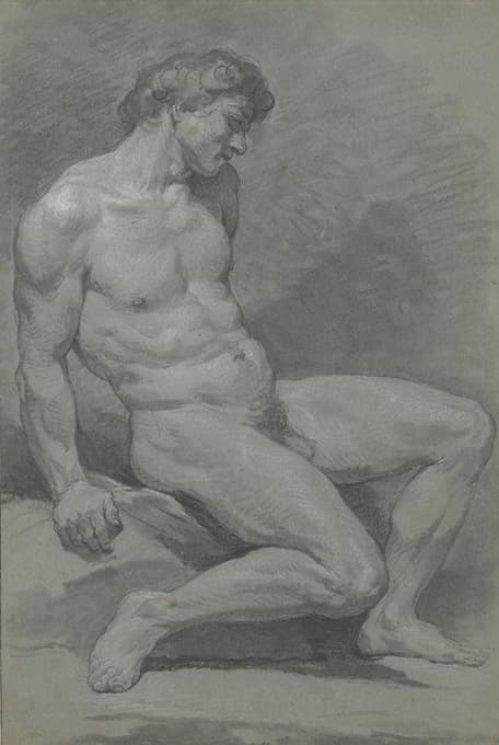 男性裸体坐姿，面向右侧