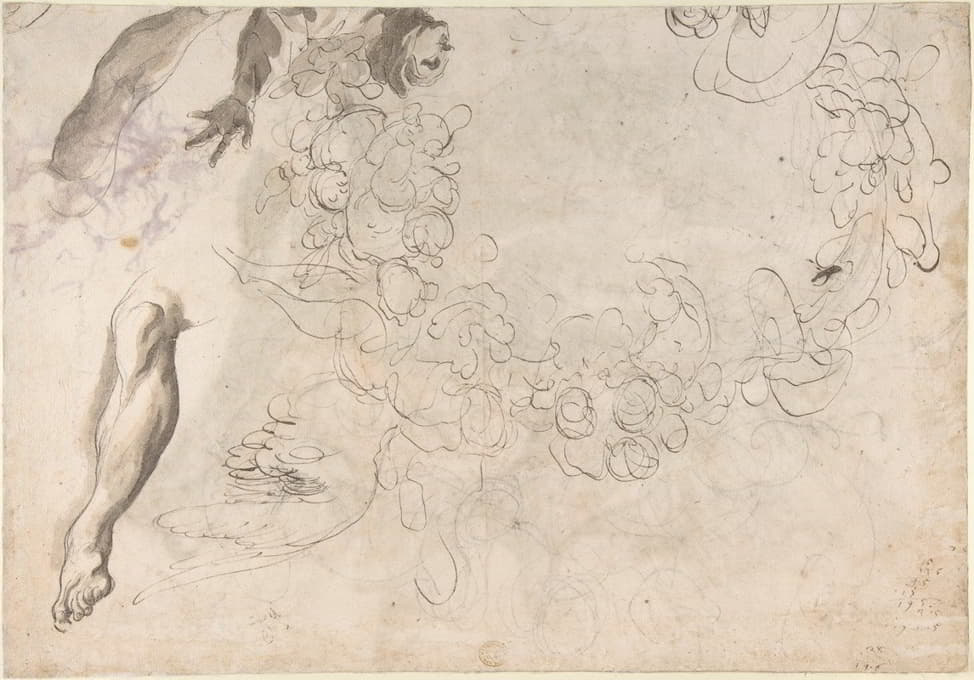 Paolo Pagani - Studies of a Figure with Left Arm Upraised, a Leg, and Putti with Foliage