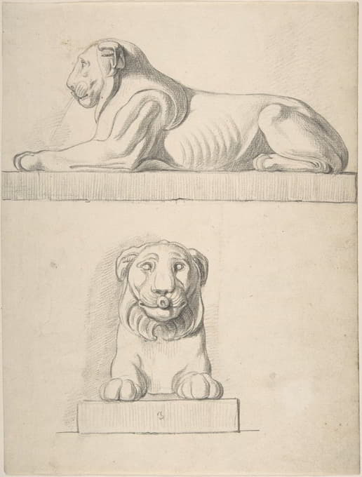 狮子的古典雕塑，正面和侧面视图