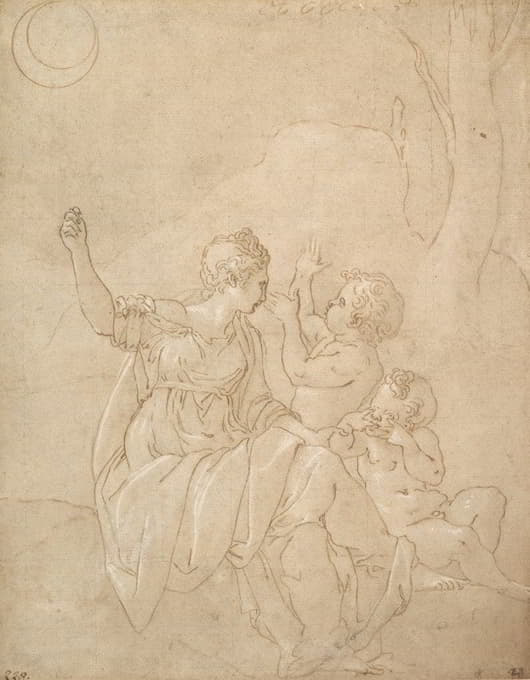 Francesco Primaticcio - Classical Female Figure (Diana or Venus) with Two Infants