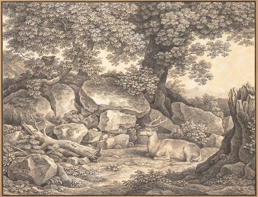 Johann Christian Reinhart - Italian Landscape with Trees, Rocks and a Resting Deer