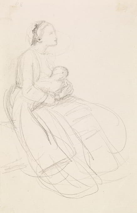 女性-母亲哺乳婴儿的素描