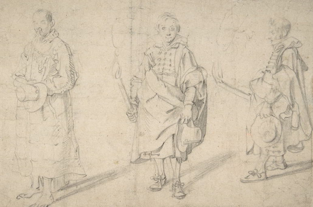 Antoine Sallaert - Study of Figures; an Old Man Holding a Hat and Facing Forwards, and a Young Man Holding a Torch and a Hat