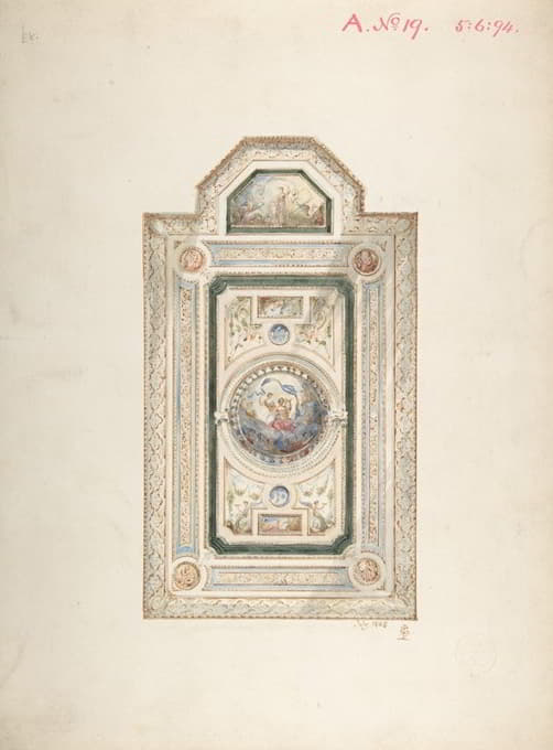 带有桑花押字的天花板设计题字图，1868年7月