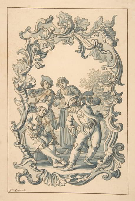 Georg Philipp Rugendas II - Three Musicians and Harlequin in an Ornamental Frame