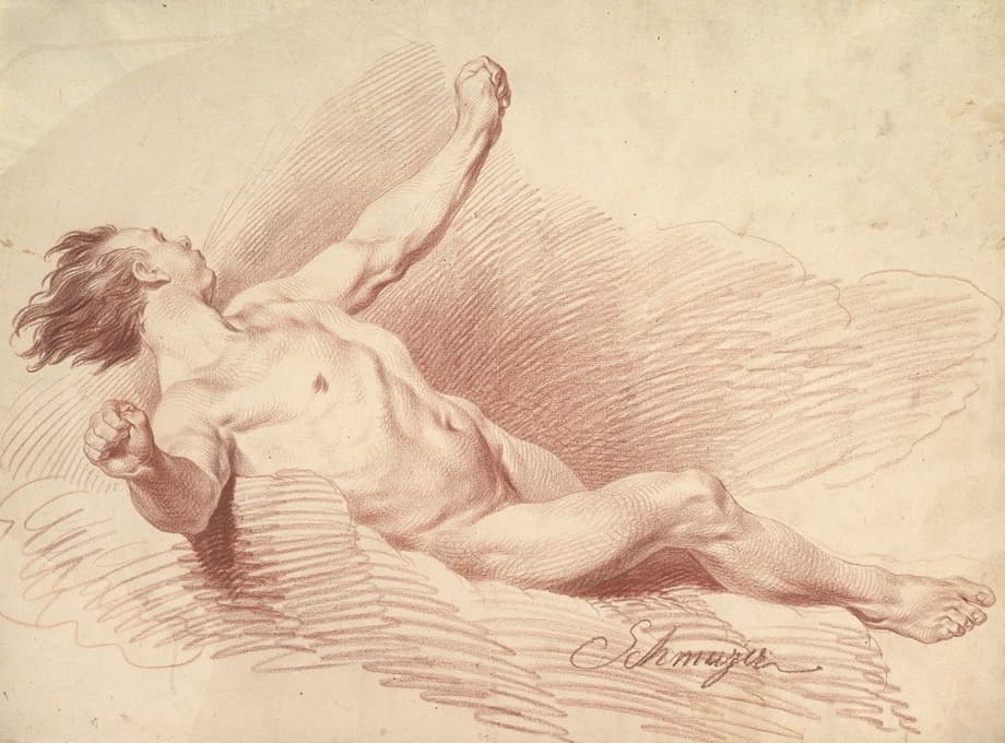 躺着的男性裸体，如云上的风神